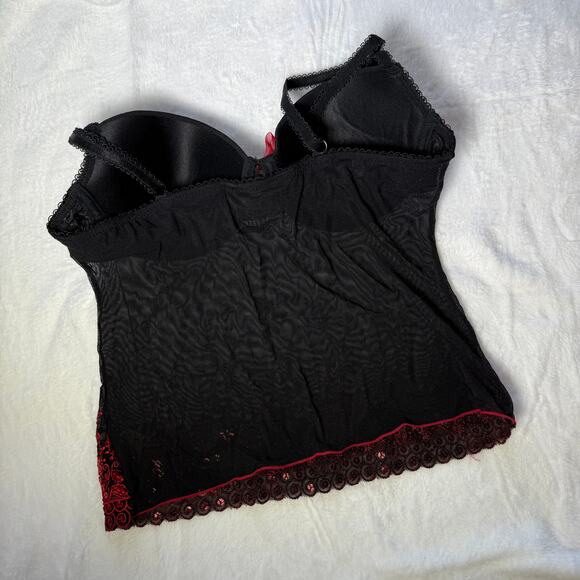 Frederick’s of Hollywood Bustier 34B Black Mesh Red Sequin Lace Trim Corset Top - Picture 3 of 8